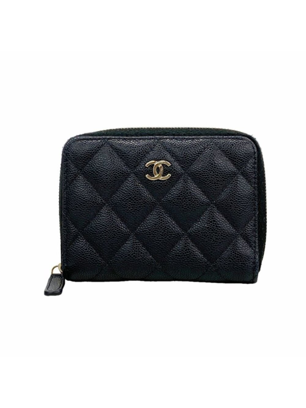 Chanel Wallet Quilted Caviar Leather Black Champagne Gold